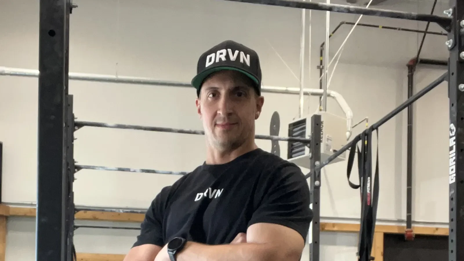 Derek Lacelle in DRVN gear at Orleans CrossFit in Ottawa, where he coaches golf fitness as a DRVN Certified Pro