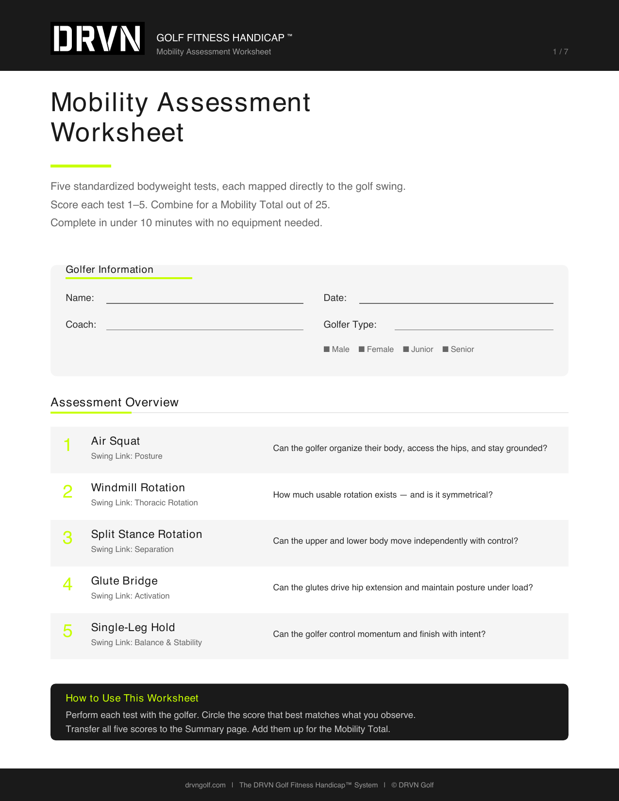 DRVN At-Home Mobility Assessment Worksheet