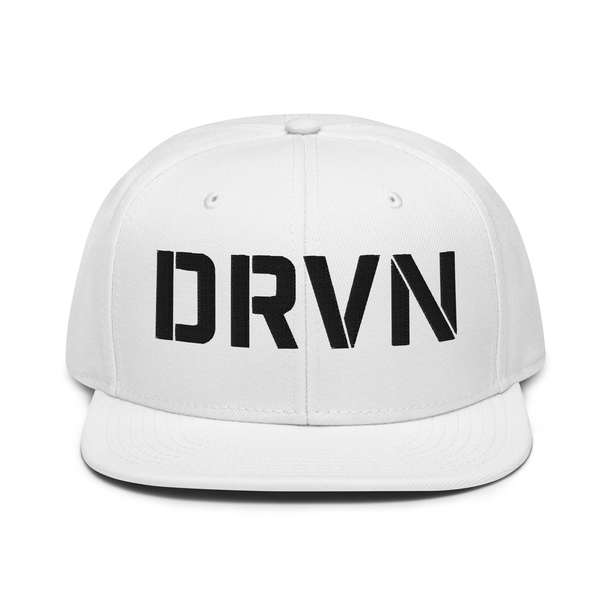 DRVN white snapback hat with black embroidered DRVN logo